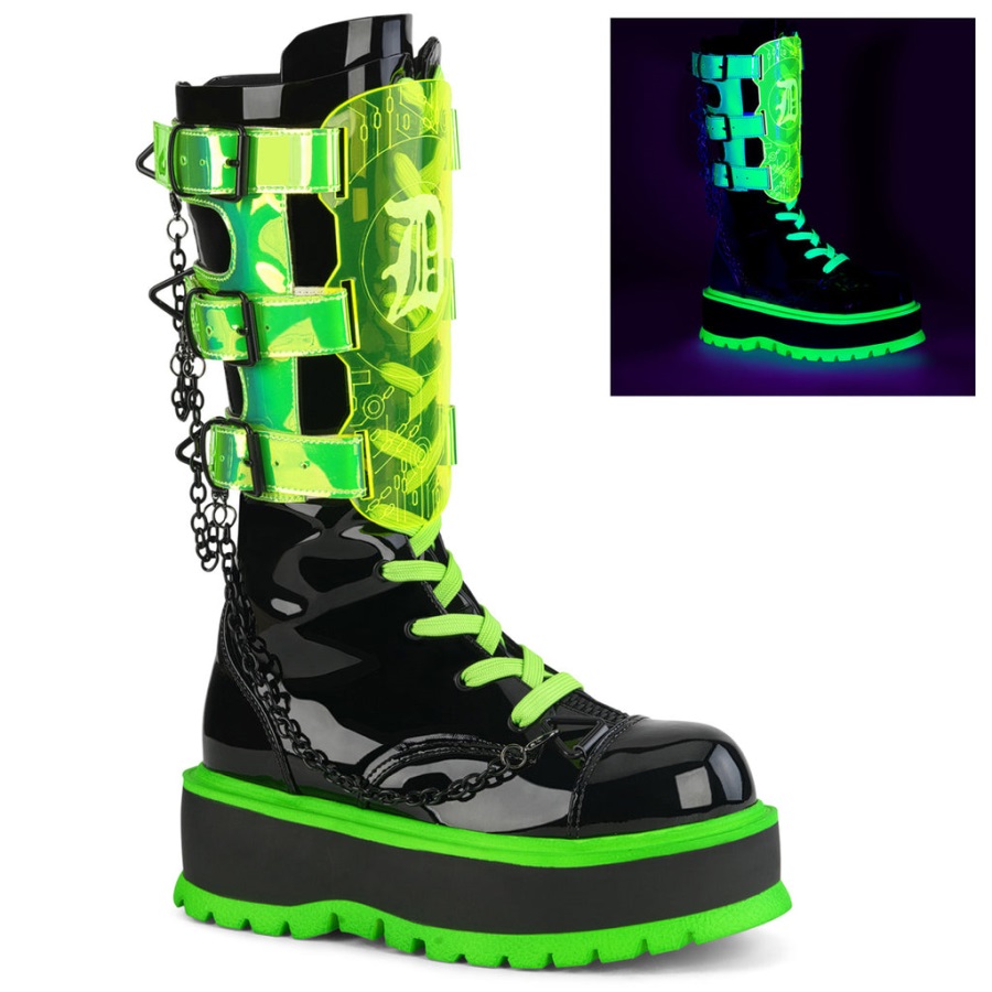 Slacker-156 Demonia Nederland Zwart Patent-u V Neon Groen